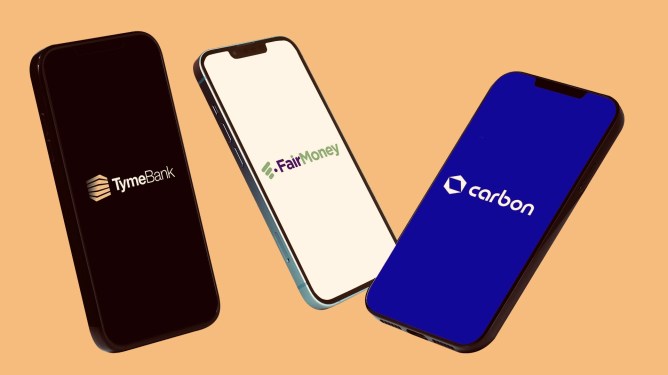 render of digital bank logos on smartphones