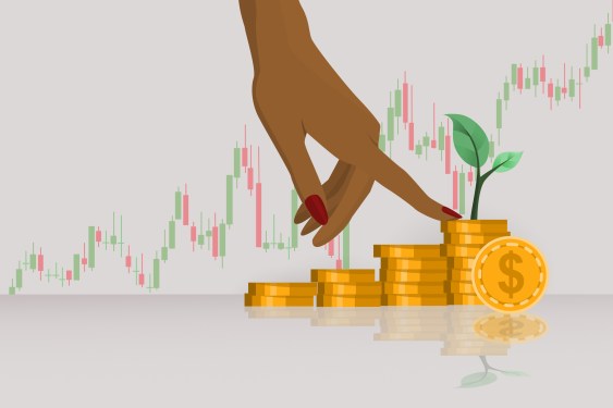 Financial investment illustration concept shows the pile of golden coin with the growing sign of plant anf increasing graph of stock market for growth of stock market.