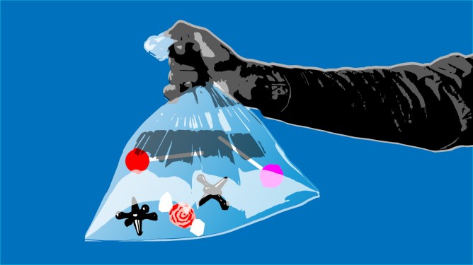 outstretched hand holding "mixed bag"
