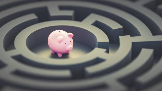 Piggy bank sits in the middle of a circular maze.