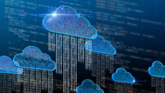 Cloud computing / binary code raining down from clouds