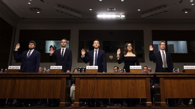 WASHINGTON, DC - JANUARY 31: (L-R) Jason Citron, CEO of Discord, Evan Spiegel, CEO of Snap, Shou Zi Chew, CEO of TikTok, Linda Yaccarino, CEO of X, and Mark Zuckerberg, CEO of Meta are sworn in as they testify before the Senate Judiciary Committee at the Dirksen Senate Office Building on January 31, 2024 in Washington, DC. The committee heard testimony from the heads of the largest tech firms on the dangers of child sexual exploitation on social media. (Photo by Alex Wong/Getty Images)