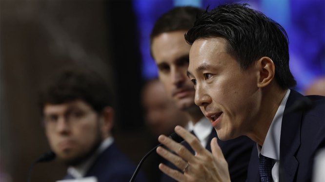 WASHINGTON, DC - JANUARY 31: (L-R) Jason Citron, CEO of Discord, Evan Spiegel, CEO of Snap and Shou Zi Chew, CEO of TikTok, testify before the Senate Judiciary Committee at the Dirksen Senate Office Building on January 31, 2024 in Washington, DC. The committee heard testimony from the heads of the largest tech firms on the dangers of child sexual exploitation on social media. (Photo by Anna Moneymaker/Getty Images)