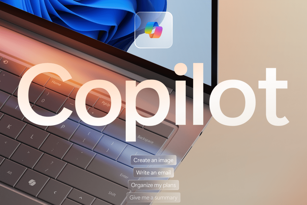 Microsoft Copilot logo with laptop as backdrop
