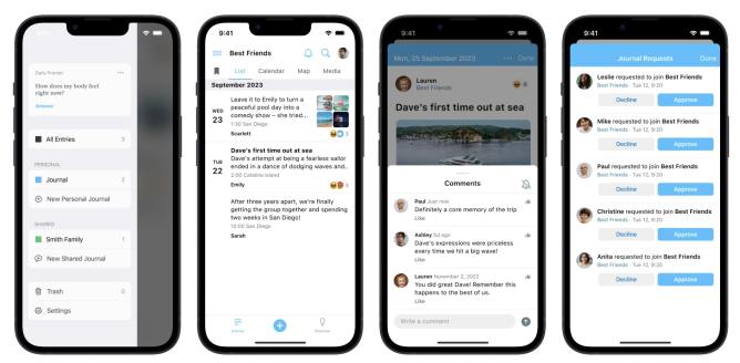 Four screenshots of Day One's new Shared Journals feature