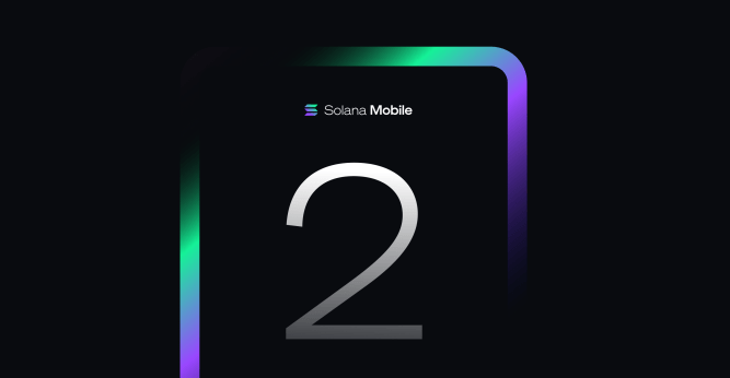 Solana Mobile's Chapter 2 image of the number 2 and a green and purple border on a black background