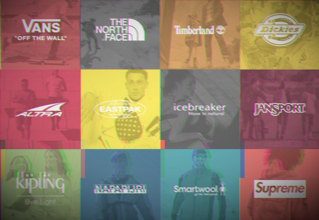 a screenshot of VF Corp's brands per its website, including The North Face, Supreme, and Vans