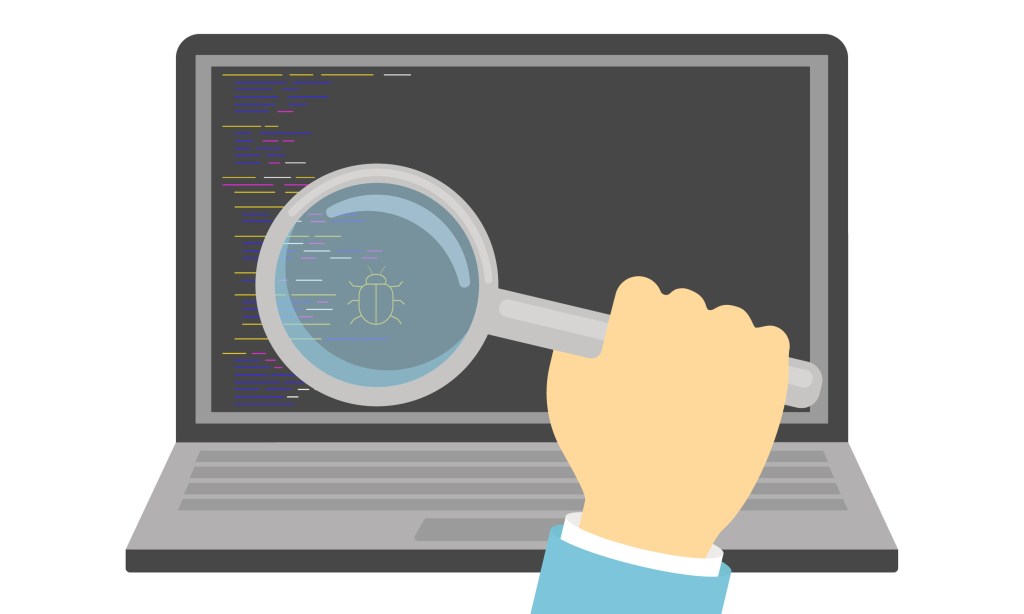 Illustration of a hand with magnifying glass in front of laptop focusing on a bug (literally) in the code.