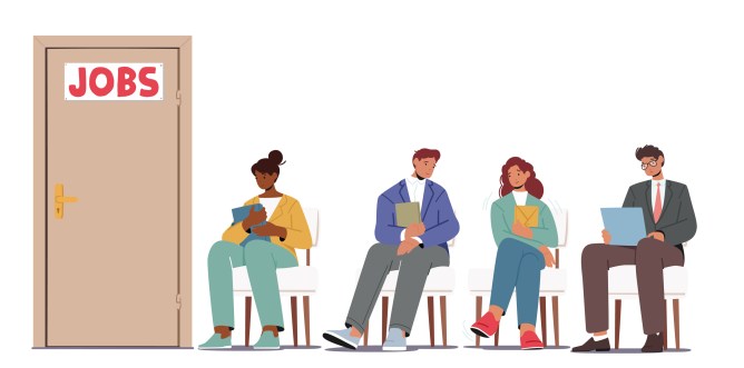 Illustration of a group of applicants waiting outside a door for a job interview.