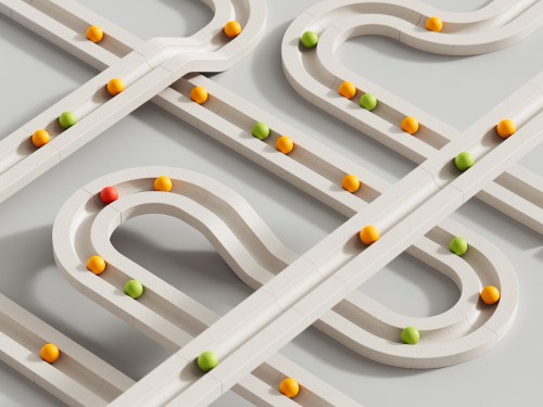 Digitally generated image of rolling objects that follow a set path.