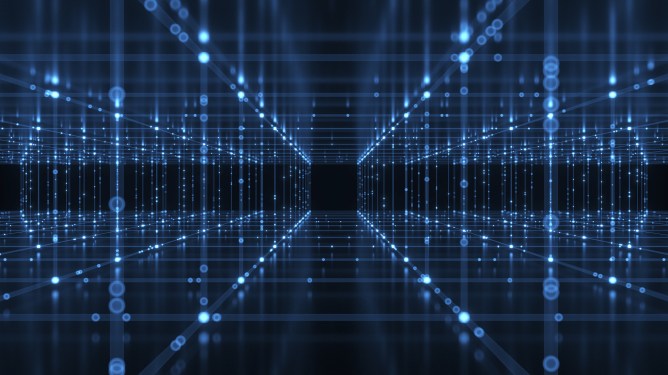 Conceptual image of data flowing as dots of light in a grid.
