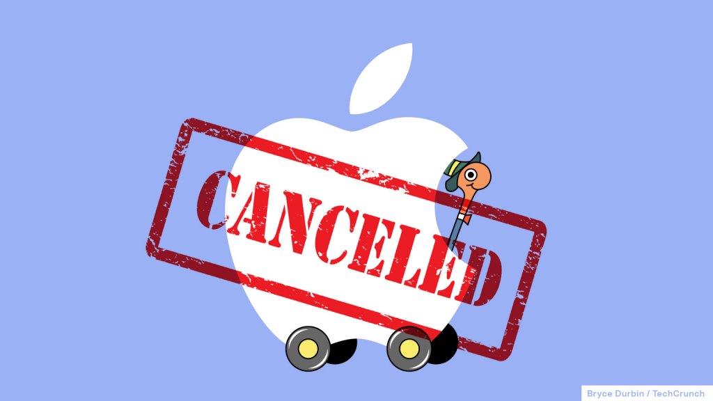 Lowly Worm driving an Apple logo as a car. A "canceled" stamp overlays the image