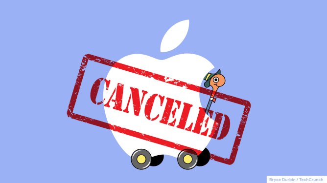 Lowly Worm driving an Apple logo as a car. A "canceled" stamp overlays the image