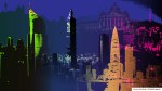 A composite image of major Asian cities in a rainbow gradient