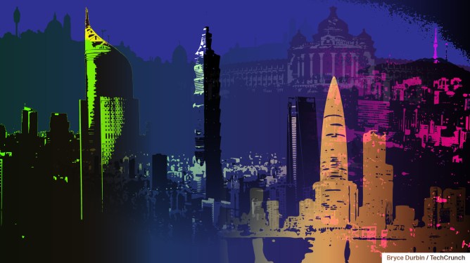 A composite image of major Asian cities in a rainbow gradient