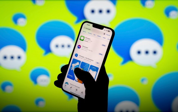 Apple iMessage app and logo are seen in this photo illustration