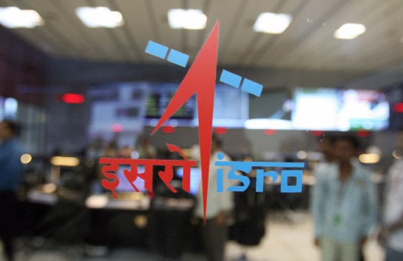 ISRO logo on glass wall