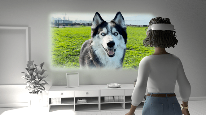 render of woman wearing VR headset, looking at dog