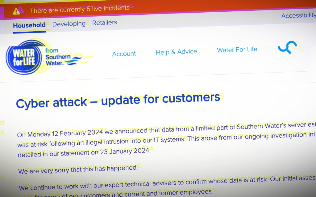 a photo of Southern Water's cyber attack page on its website