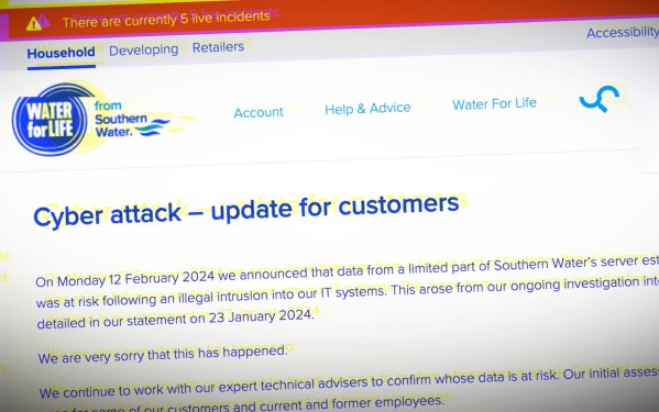 a photo of Southern Water's cyber attack page on its website