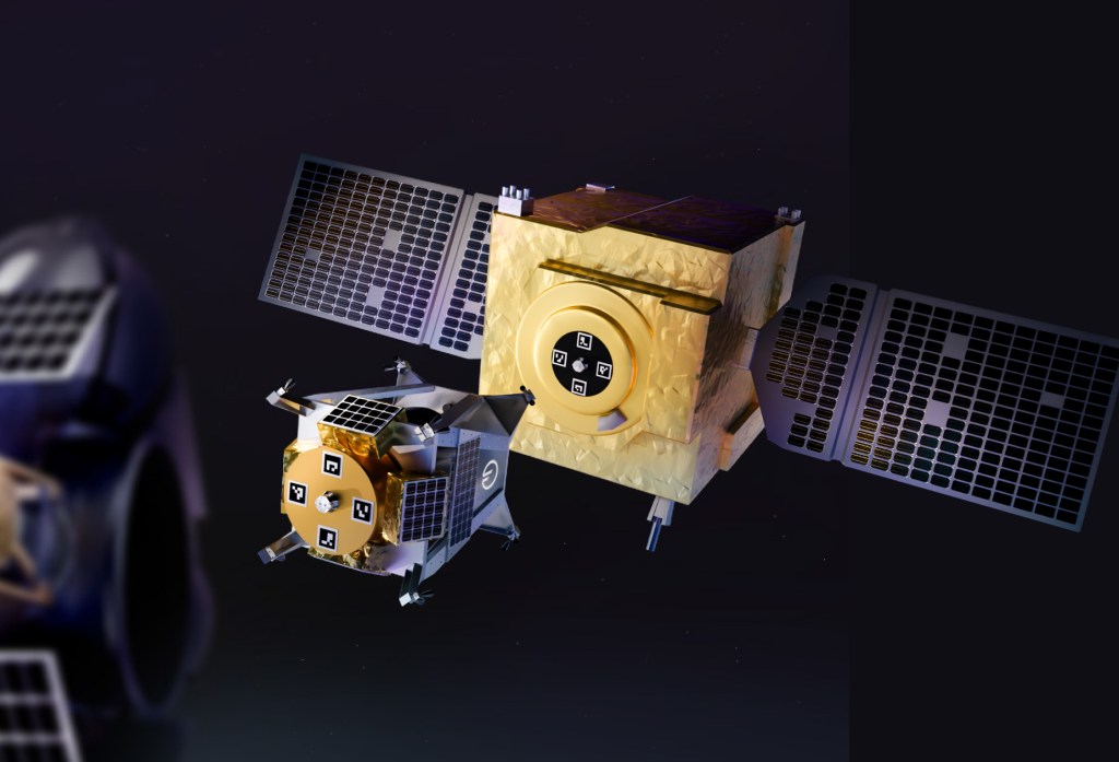 An Orbit Fab fuel shuttle is docking with an on-orbit satellite equipped with a RAFTI refueling port