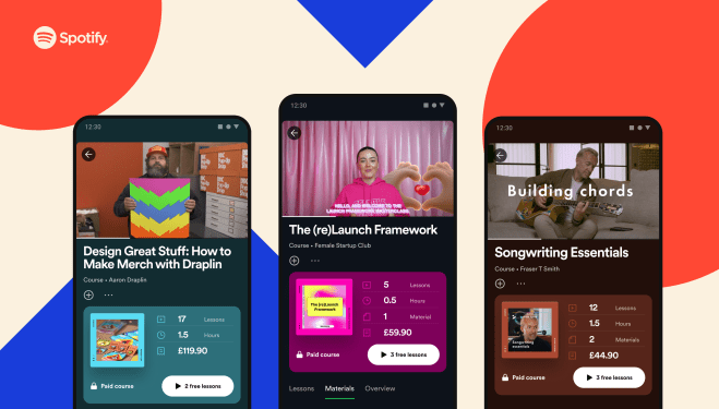 Courses on Spotify shown on smartphone screens