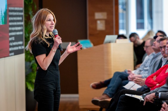 Slack CEO Denise Dresser addresses an audience.