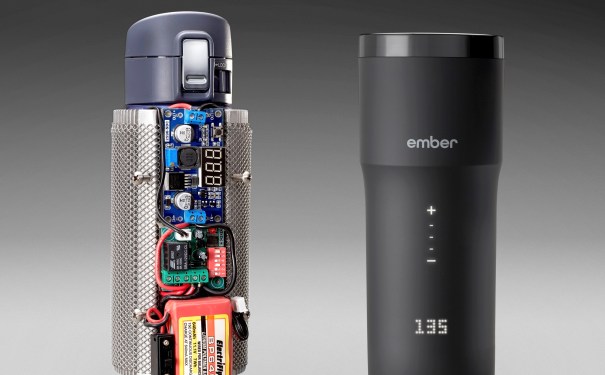 First Ember Mug Prototype from 2012 featured next to Ember's latest 2nd Generation Travel Mug