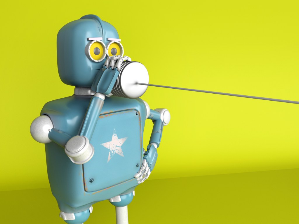 retro robot with tin can phone