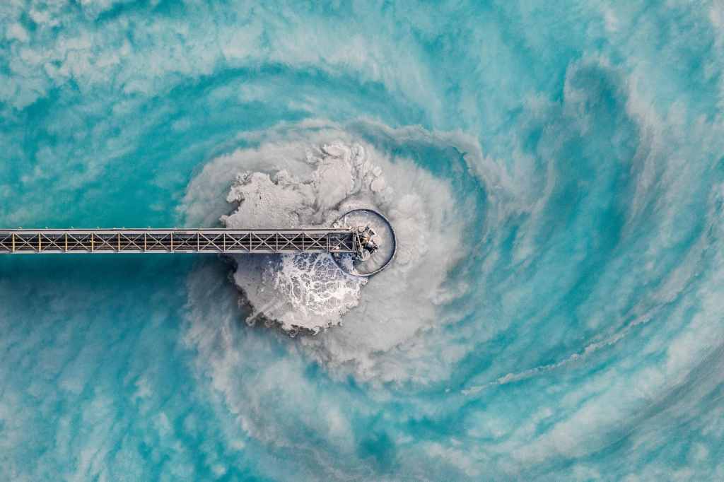Water swirls inside a treatment plant.