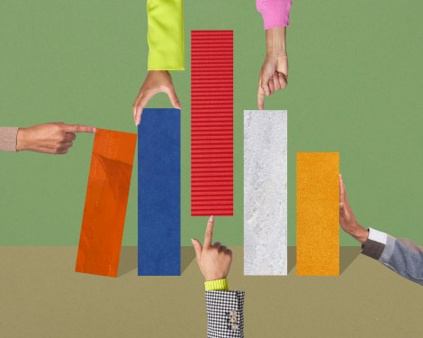 Colourful image of people manipulating columns of a bar graph.