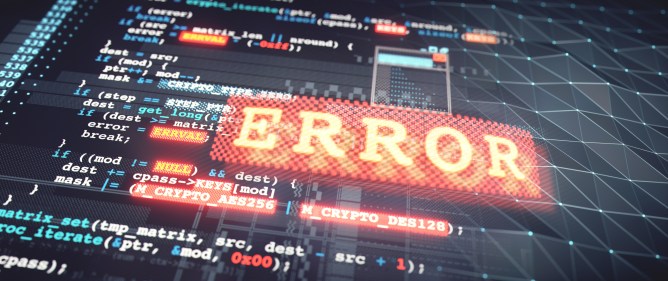 Glowing red and yellow error message overlaid on programming language source code text.
