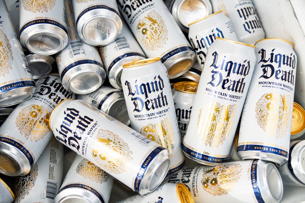 READING, ENGLAND - AUGUST 27: General view of Liquid Death mountain water cans on day 3 of Reading Festival 2023 at Richfield Avenue on August 27, 2023 in Reading, England. (Photo by Joseph Okpako/WireImage)