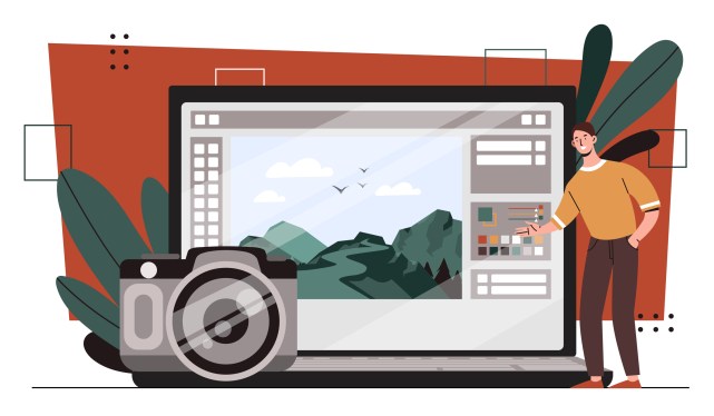 Illustration of computer with camera in front of it and man standing to the side. The software is to work with the photo.
