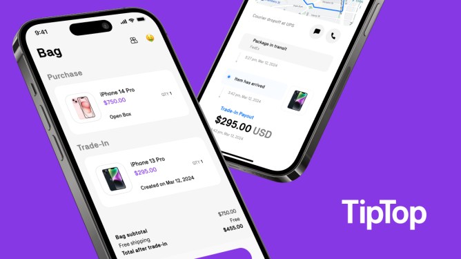 Two screenshots of TipTop's new trade in feature displayed on smartphones