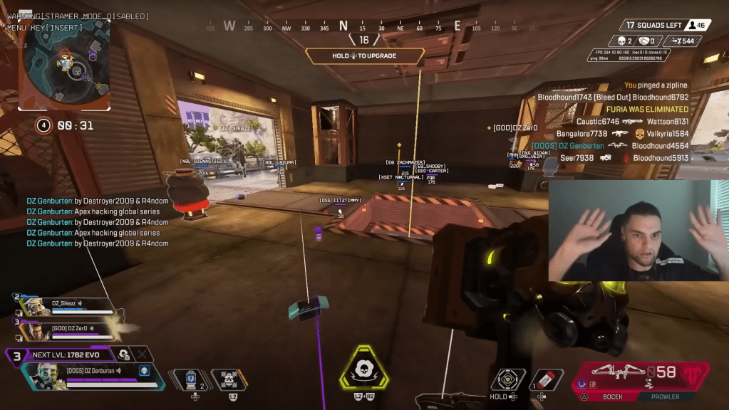 A screenshot of an Apex Legends competitive game, where a player appears to get hacked, and gets a cheat all of a sudden.