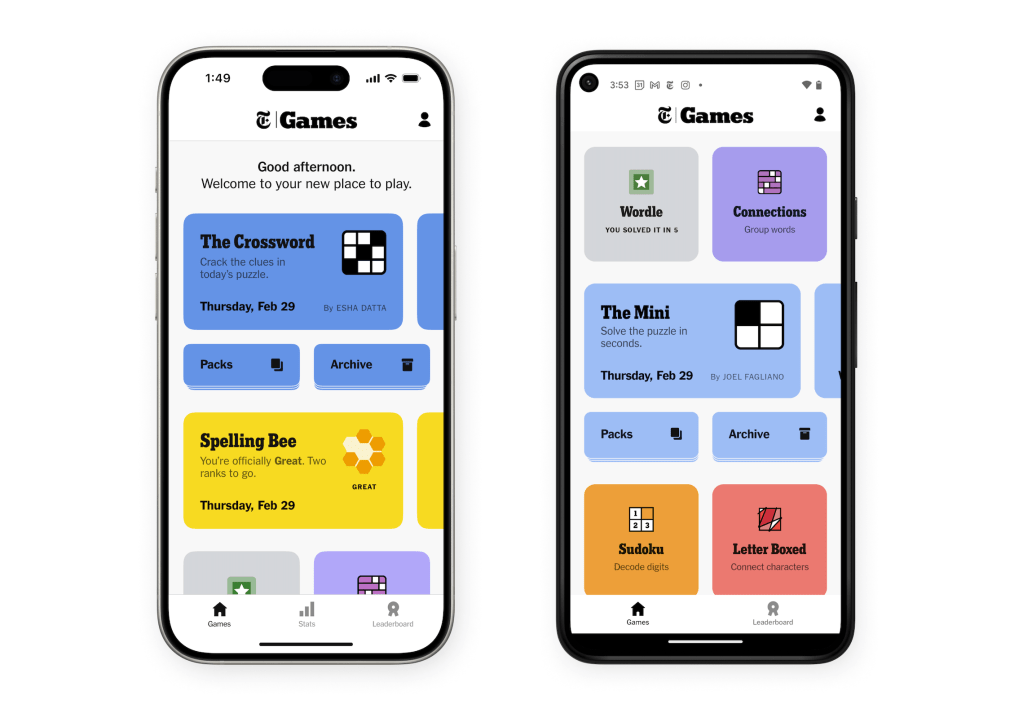 Two screenshots of the redesigned NYT Games app