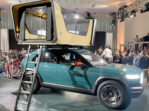 The Rivian R3X hatchback EV. With roof tent.