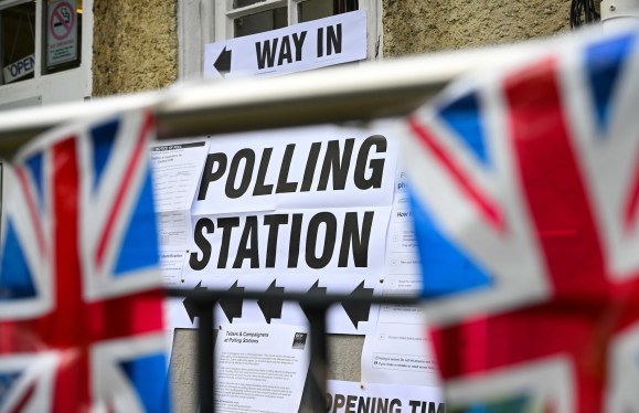Union flag bunting is seen outside Canford Cliffs Library Polling station, as people go to the polls in the local elections, on May 04, 2023 in Poole, United Kingdom