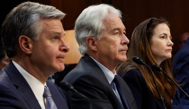 Federal Bureau of Investigation Director Christopher Wray, Central Intelligence Agency Director William Burns and Director of National Intelligence Avril Haines testify before the Senate Select Committee on Intelligence about global threats against the United States on March 11, 2024 in Washington, DC.