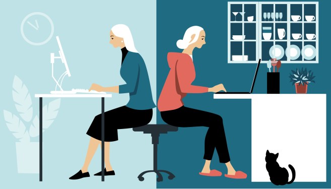 Woman in hybrid work place sharing her time between an office and working from home remotely,