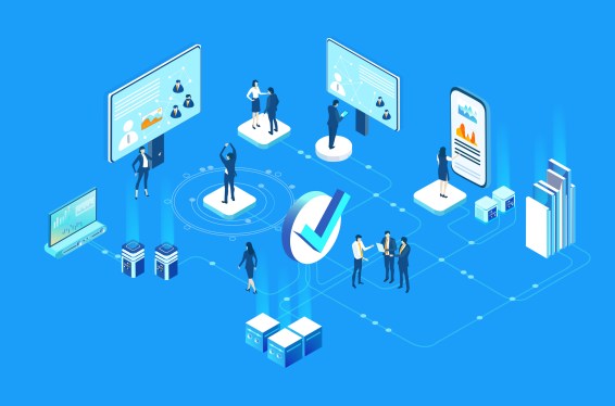 Illustration of IT operations team working together surrounded by different types of equipment.