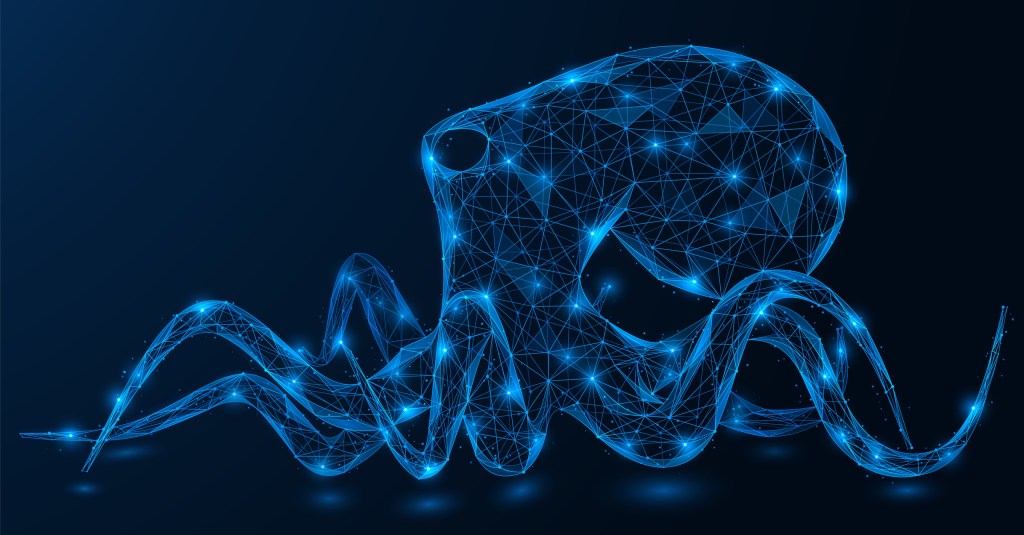 blueline render of octopus on dark background
