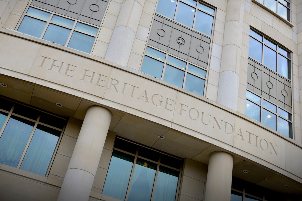 etched sign that adorns the main entrance way to the The Heritage Foundation headquarter building located on Massachusetts Ave in Washington DC