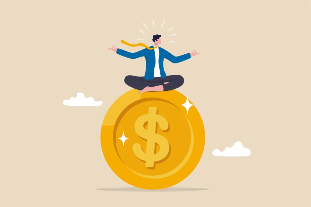 Employee benefit startups appear safe for now amid company cost cutting. A digital illustration of a man sitting cross-legged on a coin.