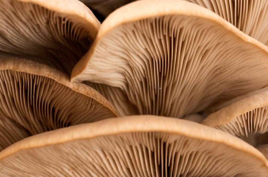 Mushroom gills are pictured in this close-up photograph.