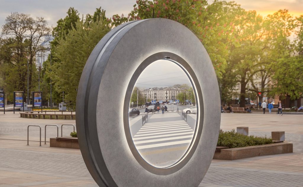 Portal sculpture sitting in park in New York City.