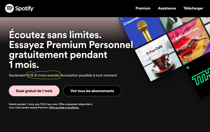 Spotify's subscription pricing page in France