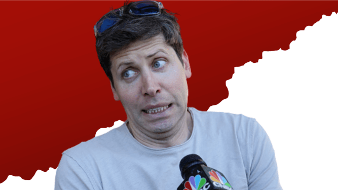 sam altman shrugging in front of a red and white background