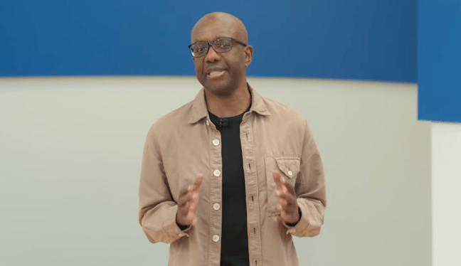 James Manyika, SVP of research, technology and society at Google Research, at Google I/O 2024.